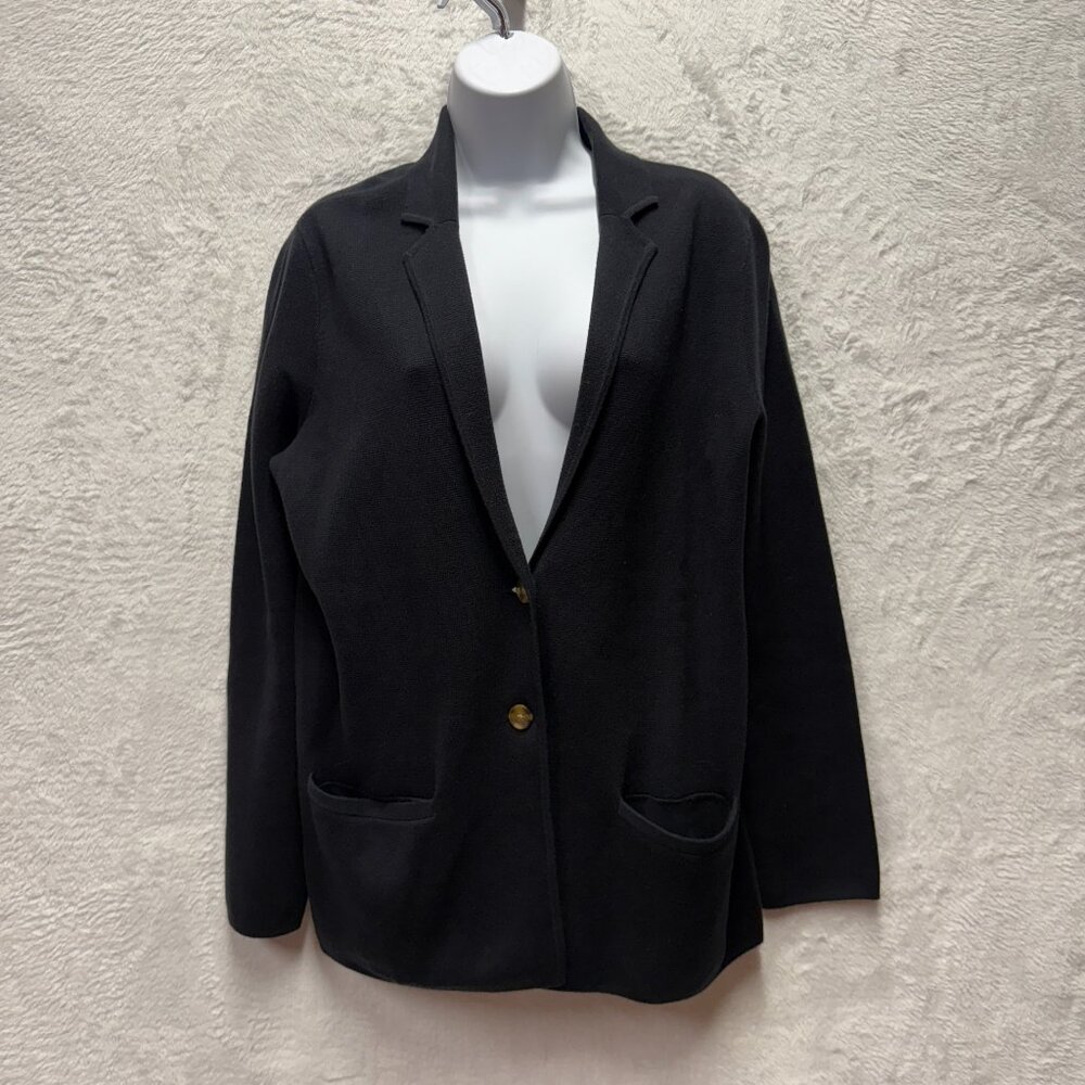 Lands' End Fine Knit Sweater Cardigan Women Small (6-8) Black Gauge Cotton Basic
